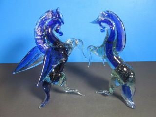 Murano Pegasus & Unicorn Hand Blown Cobalt Blue Art Glass Horse Sculptures