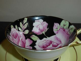 PARAGON QUEN MARY CUP & SAUCER YELLOW GOLD TRIM BLACK BACKGROUND PINK ROSES 3