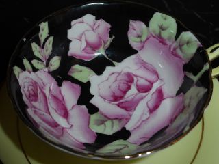 PARAGON QUEN MARY CUP & SAUCER YELLOW GOLD TRIM BLACK BACKGROUND PINK ROSES 6
