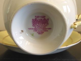 PARAGON QUEN MARY CUP & SAUCER YELLOW GOLD TRIM BLACK BACKGROUND PINK ROSES 7