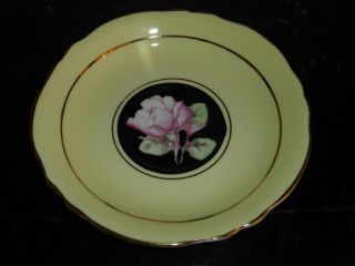 PARAGON QUEN MARY CUP & SAUCER YELLOW GOLD TRIM BLACK BACKGROUND PINK ROSES 8