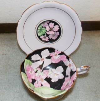 Paragon H.  M.  Queen Mary Black - Pink Rose - Lavender Tea Cup & Saucer - 1940 