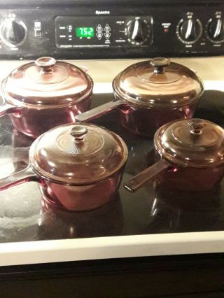 Vision Corning Ware Cranberry Cookware Glass Pots Sauce Pans 8pc Set Pyrex Lids