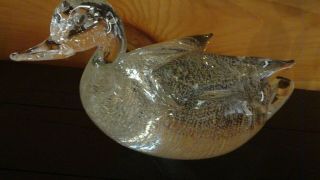 Zanetti 14” Art Glass Duck Sculpture Murano,  Clear W/ Bullicante Vtg Signed