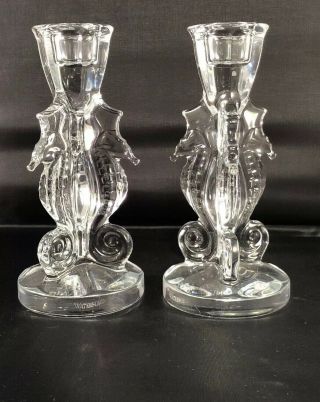 Waterford Crystal Seahorse Candlestick 6 " Pair Candle Holder Stick 3 / Sided
