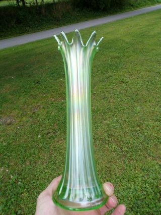 Northwood Carnival Glass Ice Green Thin Rib 11 3/8 Tall Vase Very Pretty