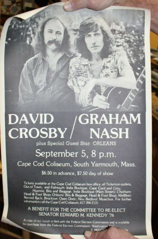 David Crosby Graham Nash Csn Csny Orig 1976 Cape Cod Coliseum Concert Poster