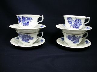 4 Royal Copenhagen Blue Flowers Ribbed Cups & Saucers Denmark 1956 - 64 Set A