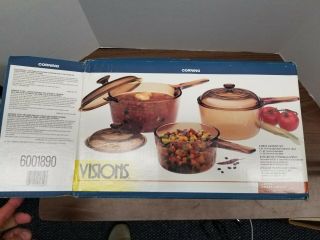Amber Visions Corning Glass Pyrex Cookware Pots Pans 6 Piece Set Open Box
