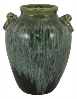 Camark Pottery Flowing Mottled Matte Green Ring Handled Vase