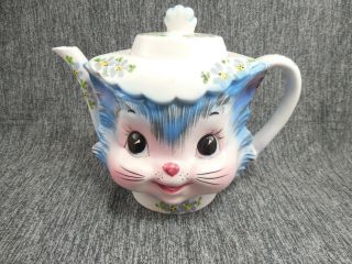 Lefton Miss Priss Kitty Cat Teapot Vintage Kitsch Ceramic Blue Pink