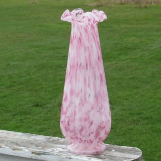 Large Vintage 14 1/2 " End Of Day Ruffled Top Ribbed Speckled Glass Vase