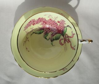 Paragon China Tea Cup and Saucer Yellow Ground Pink Lilac Bouquet Double Warrant 2