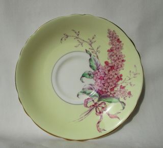 Paragon China Tea Cup and Saucer Yellow Ground Pink Lilac Bouquet Double Warrant 8