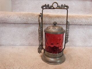 Antique Ornate Metal & Thumbprint Red Ruby Glass Pickle Castor & Tongs 9.  5 " T