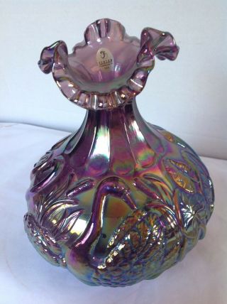 Fenton Amethyst Purple Carnival Glass Crimped Top Swan Lily Pond Vase W/sticker