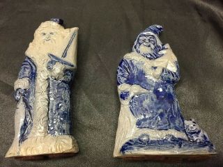 2 Rowe Pottery Christmas ‘95 Santa Sail Boat Salt Glaze Stoneware Figurine