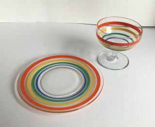9 Vintage Depression Glass Anchor Hocking Banded Ring Sherbet Glasses And Plates
