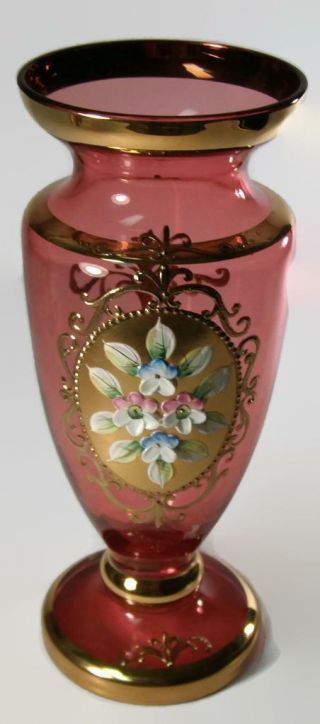Bohemian Moser Harrach Art Nouveau Cranberry Glass Vase Enameled Flowers & Gilt