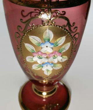Bohemian Moser Harrach Art Nouveau Cranberry Glass Vase Enameled Flowers & Gilt 2