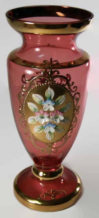 Bohemian Moser Harrach Art Nouveau Cranberry Glass Vase Enameled Flowers & Gilt 5