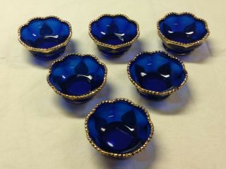 Eapg Northwood Cobalt Blue Gold Leaf Medallion Regent Set 6 Footed Berry Bowls
