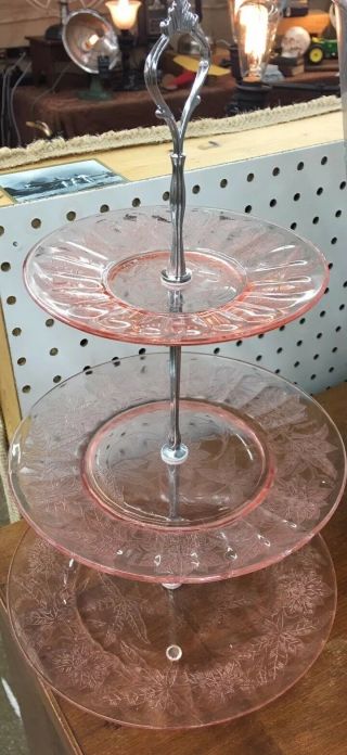 Floral " Poinsetta " Pink 3 - Tier Cake Stand Tidbit Server Jeannette Choice Of Stem
