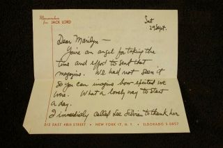 Handwritten Letter By Jack Lord 1956