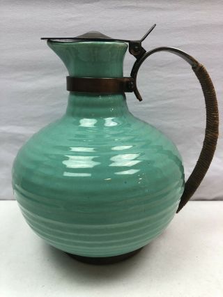 Vintage Bauer Pottery Ringware Jade Green Turquoise Carafe With Copper Handle