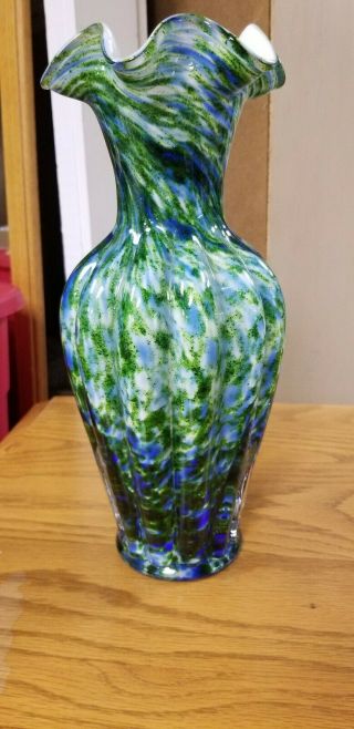 Fenton Vasa Murrhina - Blue & Aventurine Green 11 - 3/4 " Melon Rib Vase 1960 