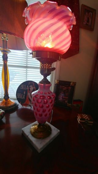 Vtg Fenton Cranberry Opalescent Swirl Optic Rare Hurricane Lamp