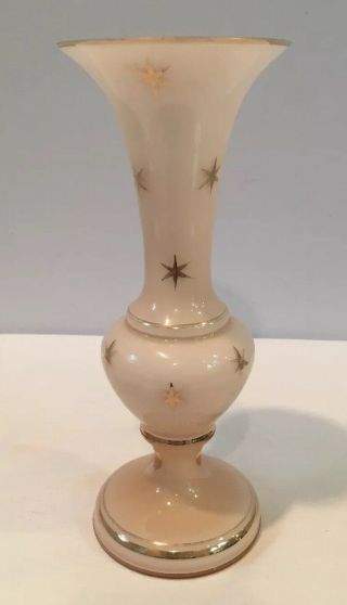 Antique Bohemian Czech Pink Glass Vase With Gold Stars & Trim Signed On Bottom