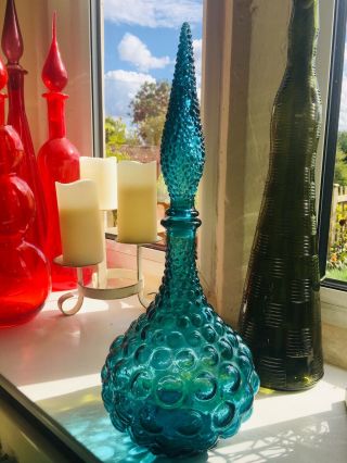 Vintage 16 1/2 " Italian Empoli Blue Hobnail/bubble Glass Genie Bottle Teal Blue