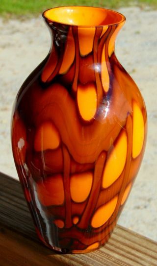 Antique Glass Vase Kralik Czechoslovakia Orange Spider Web 2