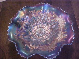 Northwood Electric Blue Amethyst Ruffled Carnival Glass 3 Footed Bowl
