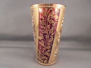 Old Antique Moser Art Glass Lily of the Valley Cranberry & Gold Enameled Tumbler 2