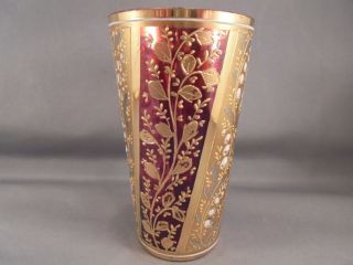 Old Antique Moser Art Glass Lily of the Valley Cranberry & Gold Enameled Tumbler 4