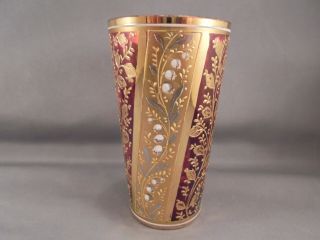 Old Antique Moser Art Glass Lily of the Valley Cranberry & Gold Enameled Tumbler 5