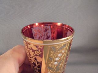 Old Antique Moser Art Glass Lily of the Valley Cranberry & Gold Enameled Tumbler 6