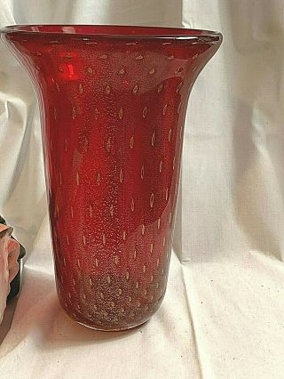 Large Murano Aventurine Red Venetian Art Glass Vintage Vase Gold Flecks