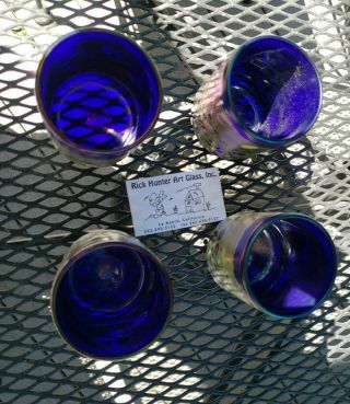 RICK HUNTER Iridescent Pebble Art Cobalt Glass Tumblers Set of 4 Signed & Dated 8