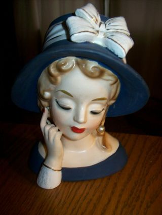 Rare Shafford Lady Head Vase Blond Hair Blue Hat White Bow Pearl Earrings