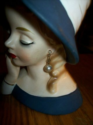 Rare Shafford Lady Head Vase Blond Hair Blue Hat White Bow Pearl Earrings 4
