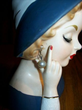 Rare Shafford Lady Head Vase Blond Hair Blue Hat White Bow Pearl Earrings 5