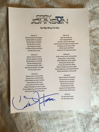 Cody Johnson Country Star Signed Auto On My Way To You Lyric Sheet Proof 1