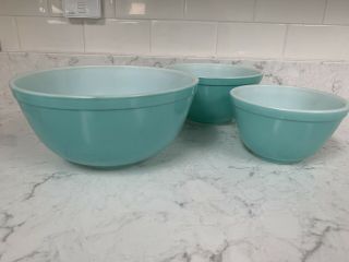 Set Of (3) Vintage Pyrex Mixing/nesting Bowls In Turquoise Aqua 401 402 403 Rare