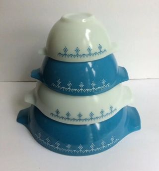 Vintage Snowflake Garland PYREX Blue White Cinderella Bowl Set 441 442 443 444 3