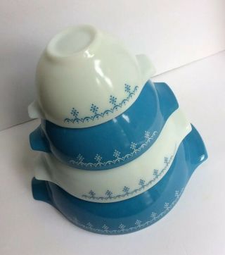 Vintage Snowflake Garland PYREX Blue White Cinderella Bowl Set 441 442 443 444 5
