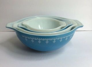 Vintage Snowflake Garland PYREX Blue White Cinderella Bowl Set 441 442 443 444 6