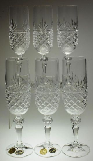 Set Of 6 Crystal Bohemia Champagne Flutes Fan Design With 6 Sided Stems Cs125